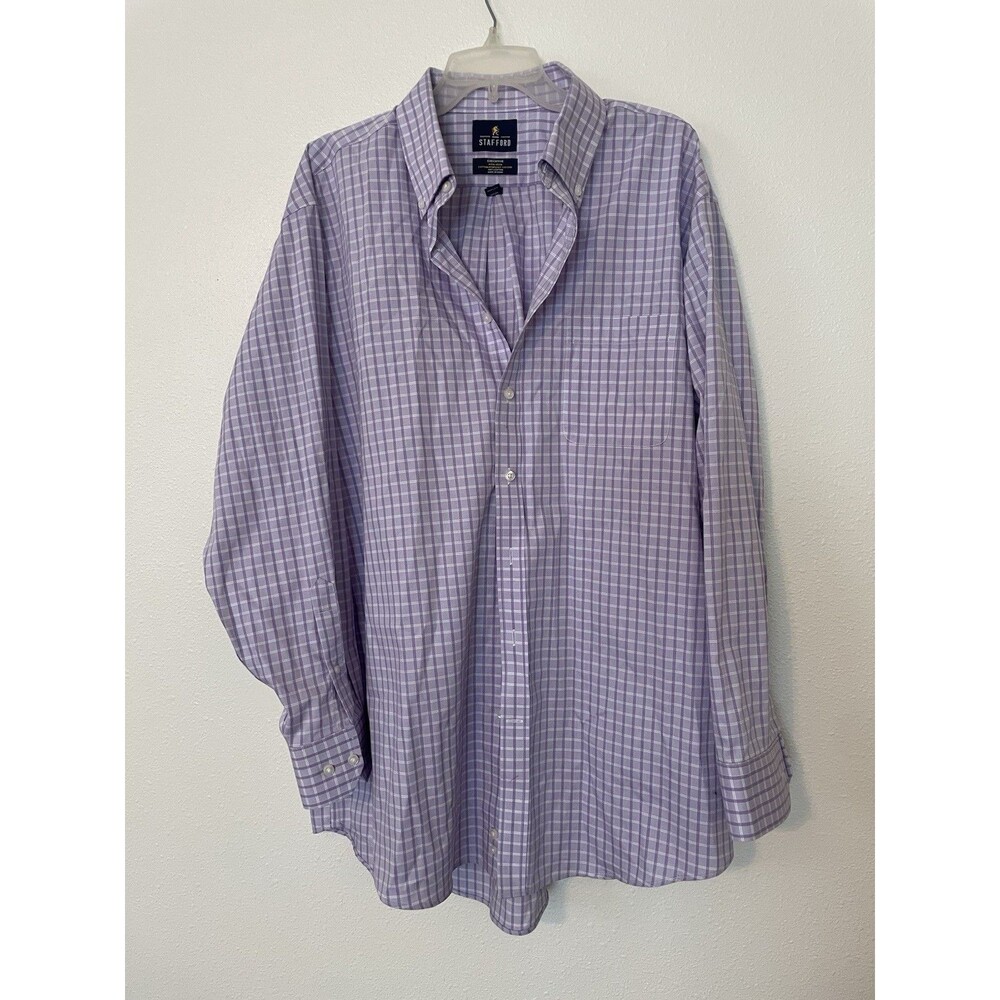 Stafford Button Down Long Sleeve Dress Shirt Purple Plaid 17 34-35